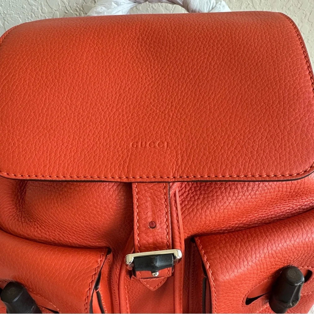 Gucci Vibrant Orange Leather Bamboo Backpack. P0221
